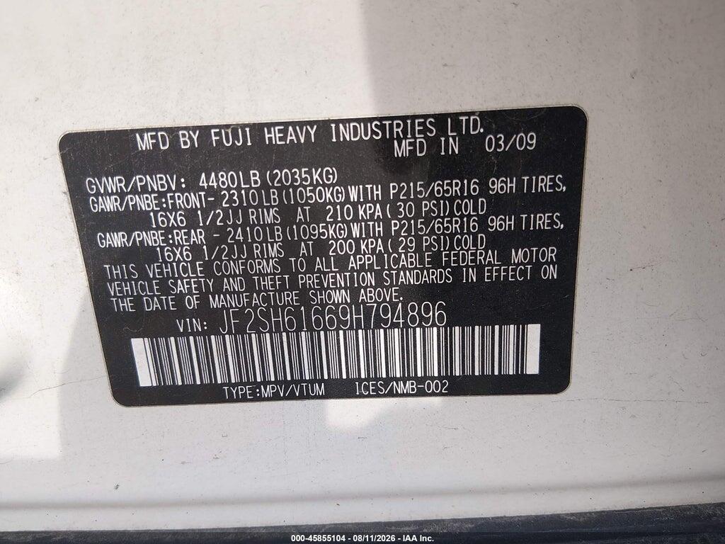 JF2SH61669H794896 2009 SUBARU FORESTER photo no. 9