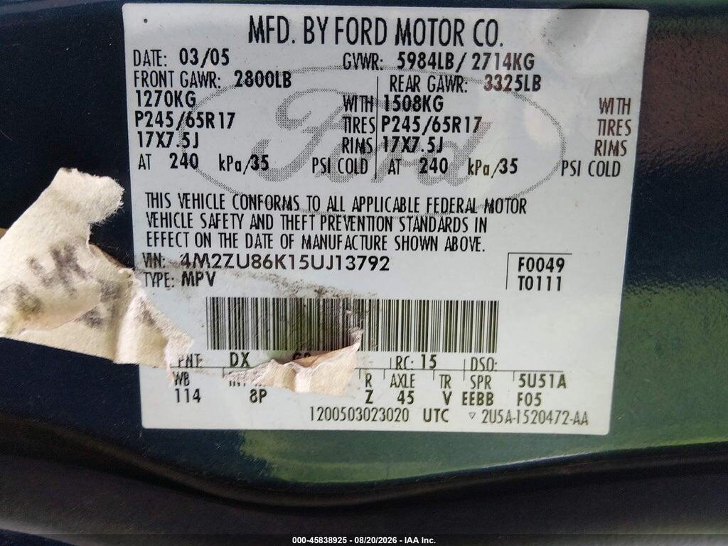 4M2ZU86K15UJ13792 2005 MERCURY MOUNTAINEER photo no. 9