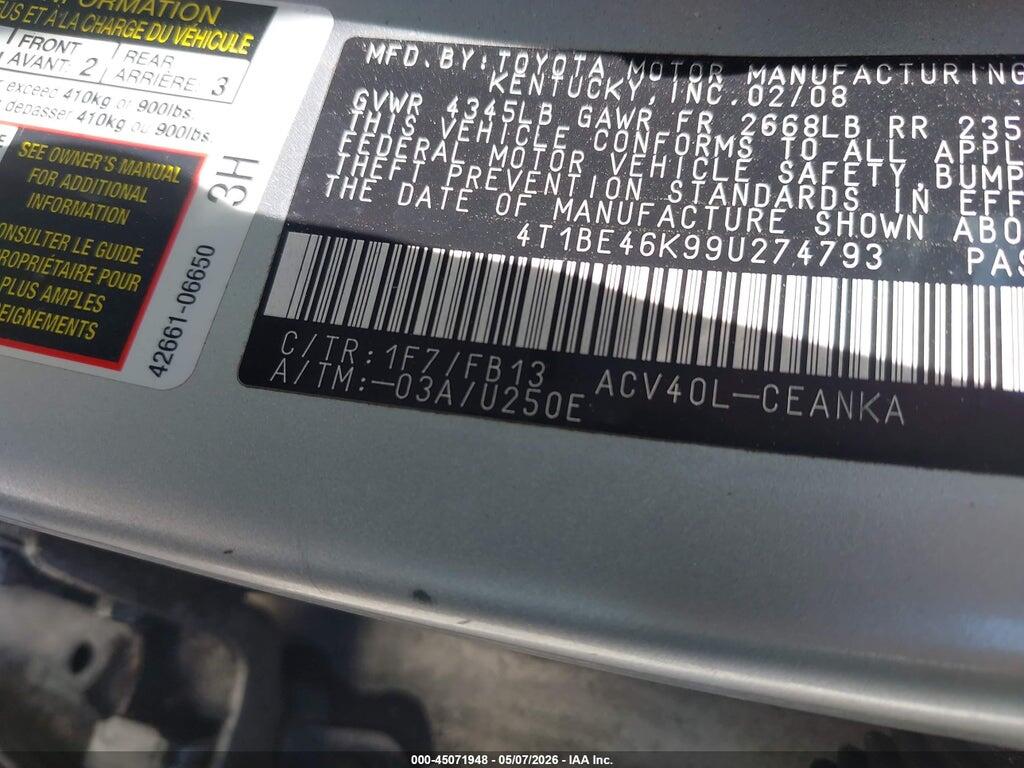 4T1BE46K99U274793 2009 TOYOTA CAMRY photo no. 9