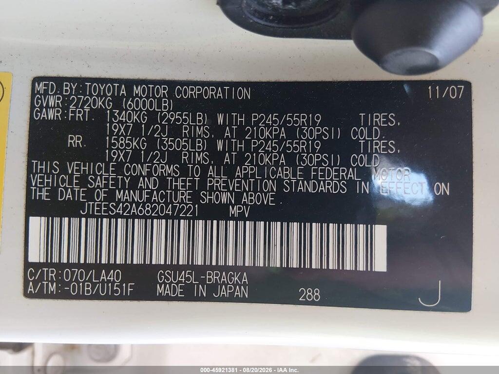JTEES42A682047221 2008 TOYOTA HIGHLANDER photo no. 9
