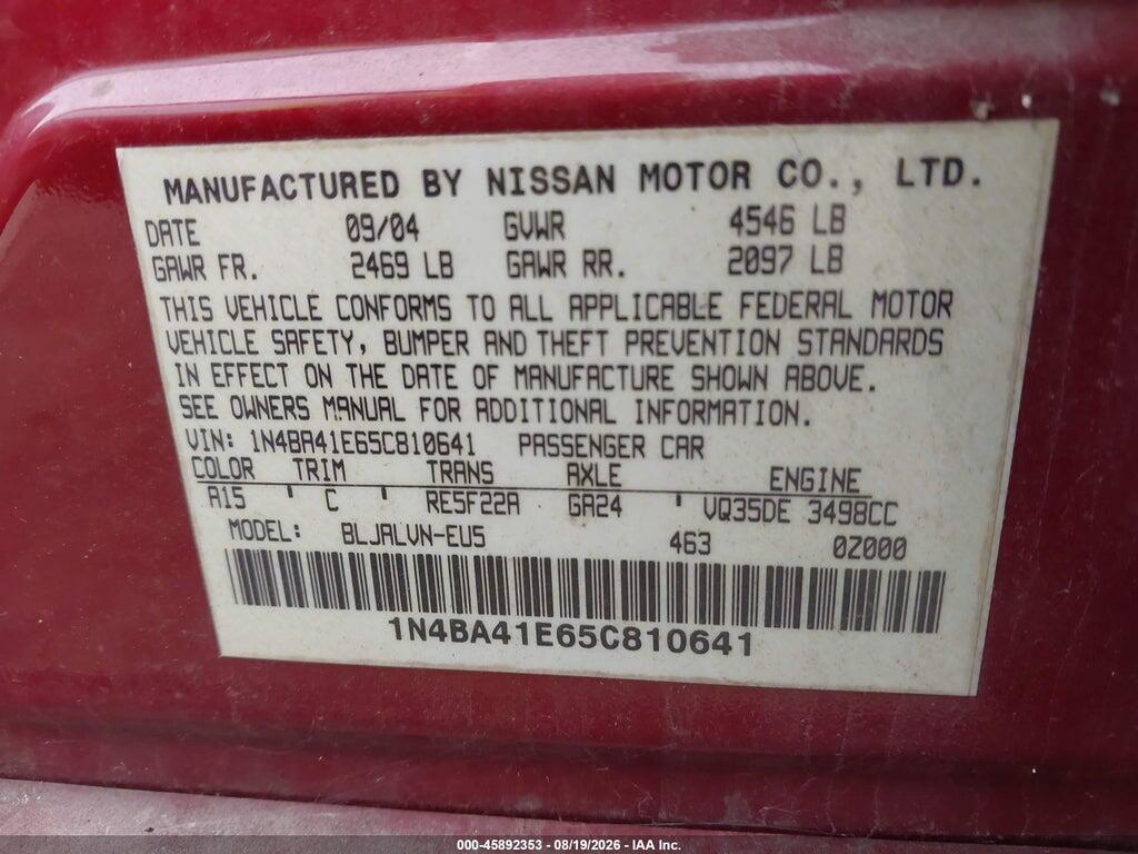 1N4BA41E65C810641 2005 NISSAN MAXIMA photo no. 9