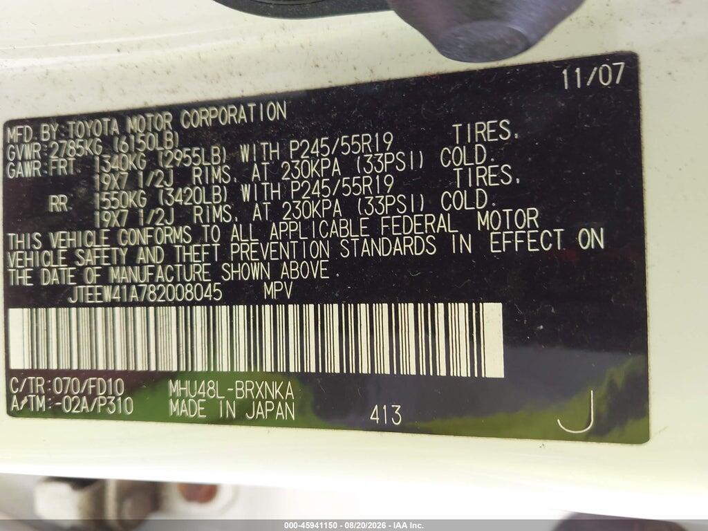 JTEEW41A782008045 2008 TOYOTA HIGHLANDER HYBRID photo no. 9