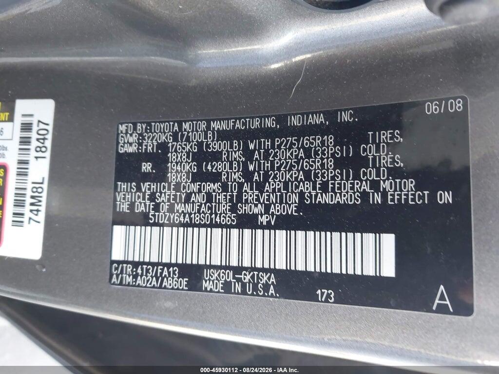 5TDZY64A18S014665 2008 TOYOTA SEQUOIA photo no. 9