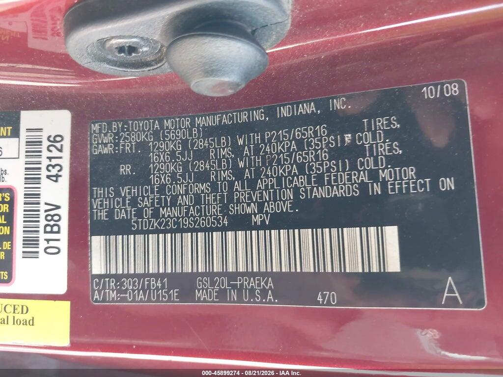 5TDZK23C19S260534 2009 TOYOTA SIENNA photo no. 9