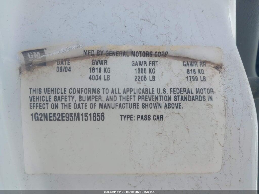 1G2NE52E95M151856 2005 PONTIAC GRAND AM photo no. 9