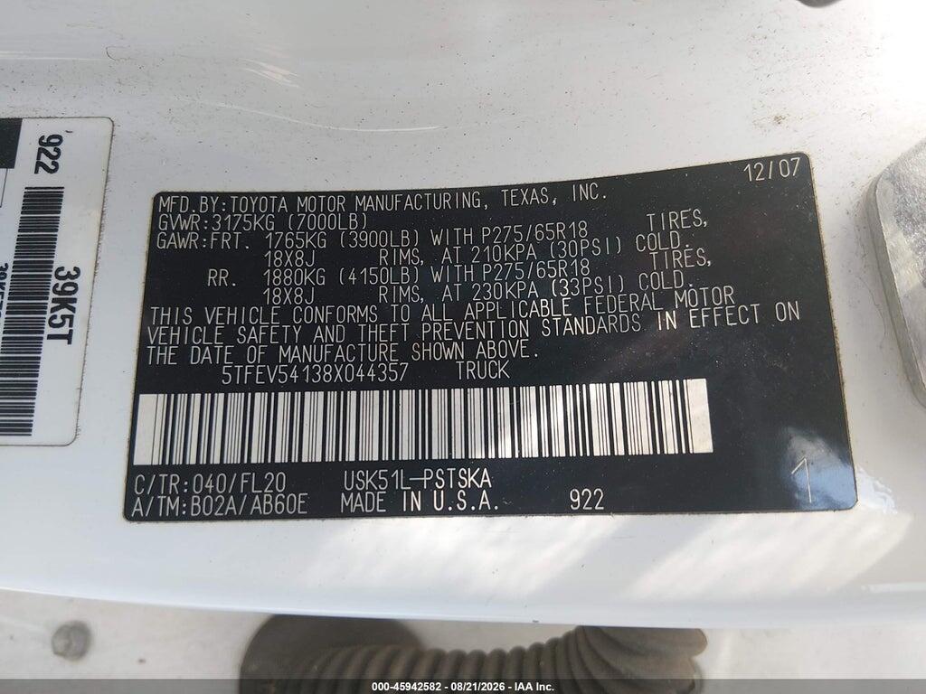 5TFEV54138X044357 2008 TOYOTA TUNDRA photo no. 9