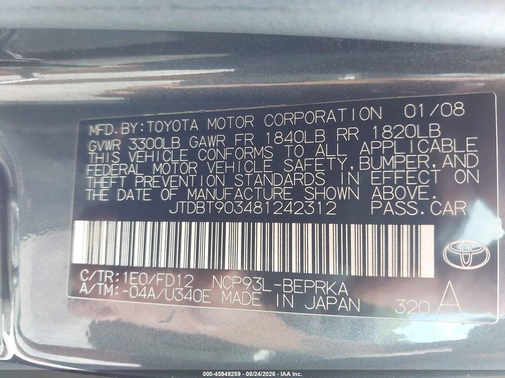 JTDBT903481242312 2008 TOYOTA YARIS photo no. 9