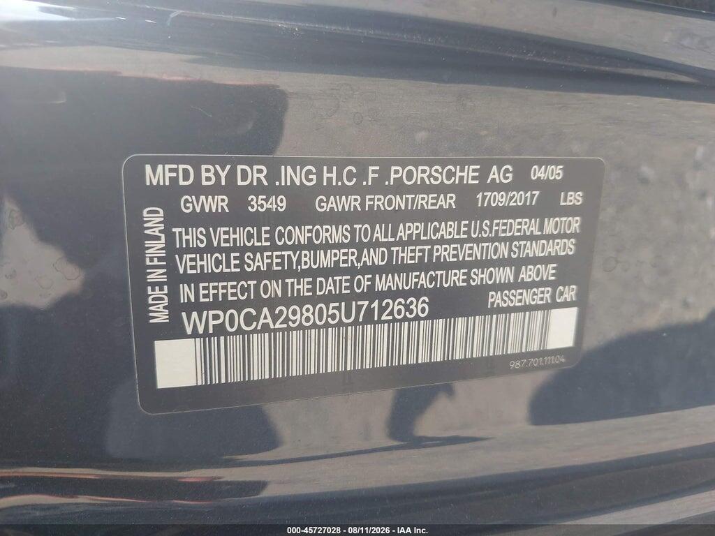 WP0CA29805U712636 2005 PORSCHE BOXSTER photo no. 9