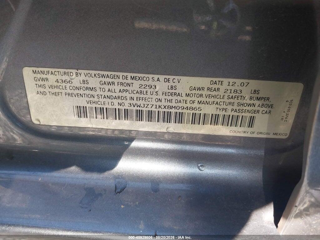 3VWJZ71KX8M094865 2008 VOLKSWAGEN JETTA photo no. 9