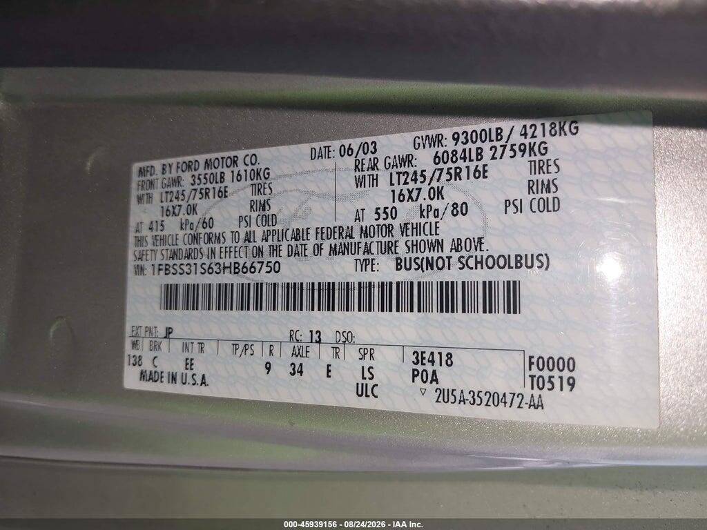 1FBSS31S63HB66750 2003 FORD E-350 SUPER DUTY photo no. 9