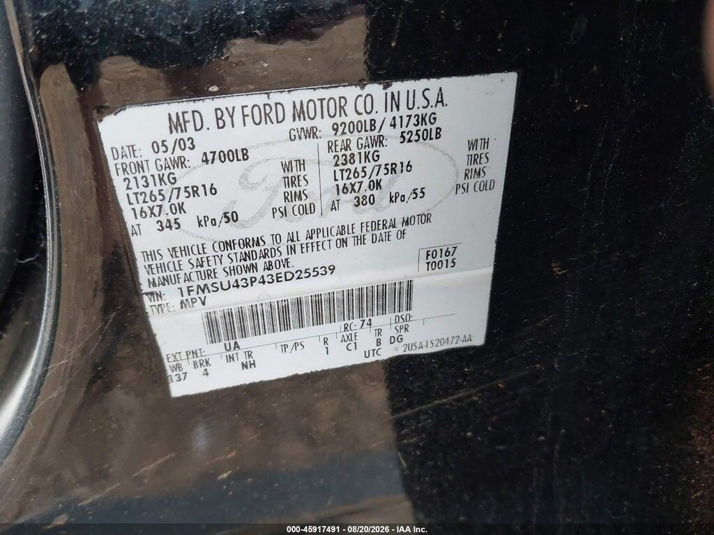 1FMSU43P43ED25539 2003 FORD EXCURSION photo no. 9
