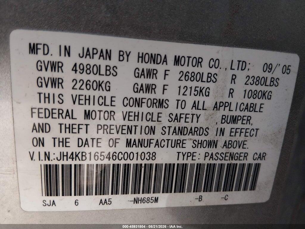 JH4KB16546C001038 2006 ACURA RL photo no. 9