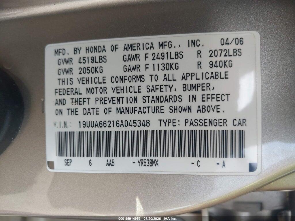 19UUA66216A045348 2006 ACURA TL photo no. 9