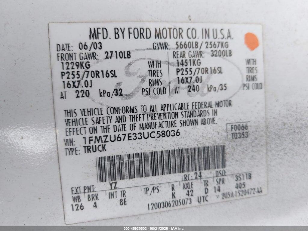 1FMZU67E33UC58036 2003 FORD EXPLORER SPORT TRAC photo no. 9