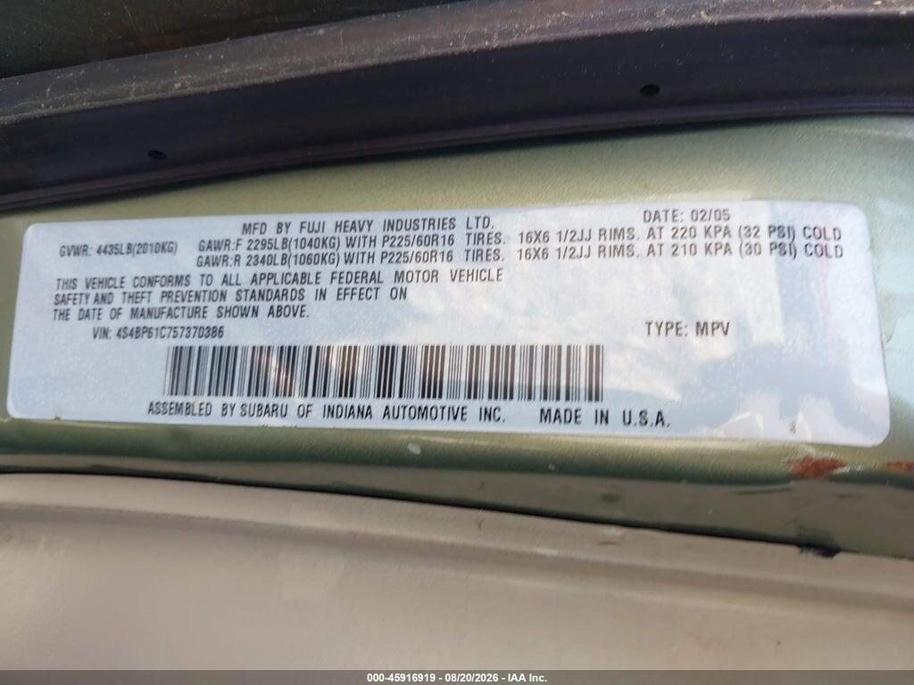 4S4BP61C757370386 2005 SUBARU OUTBACK photo no. 9
