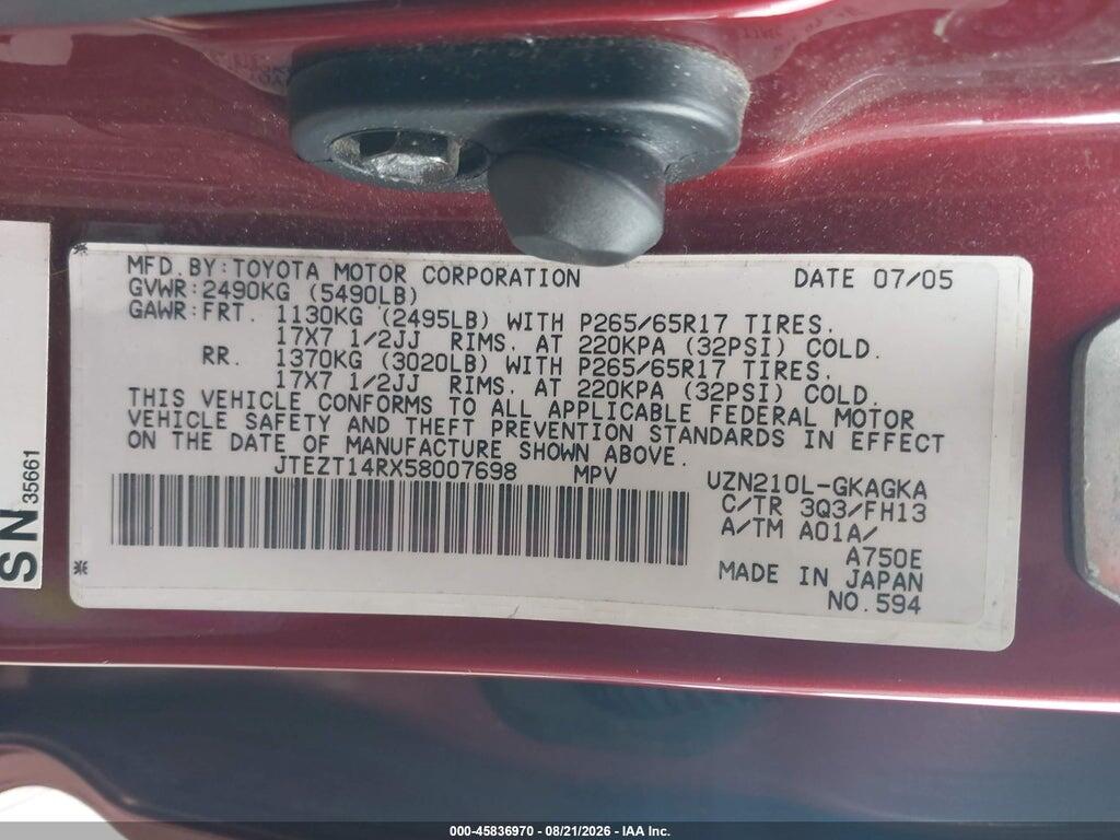 JTEZT14RX58007698 2005 TOYOTA 4RUNNER photo no. 9