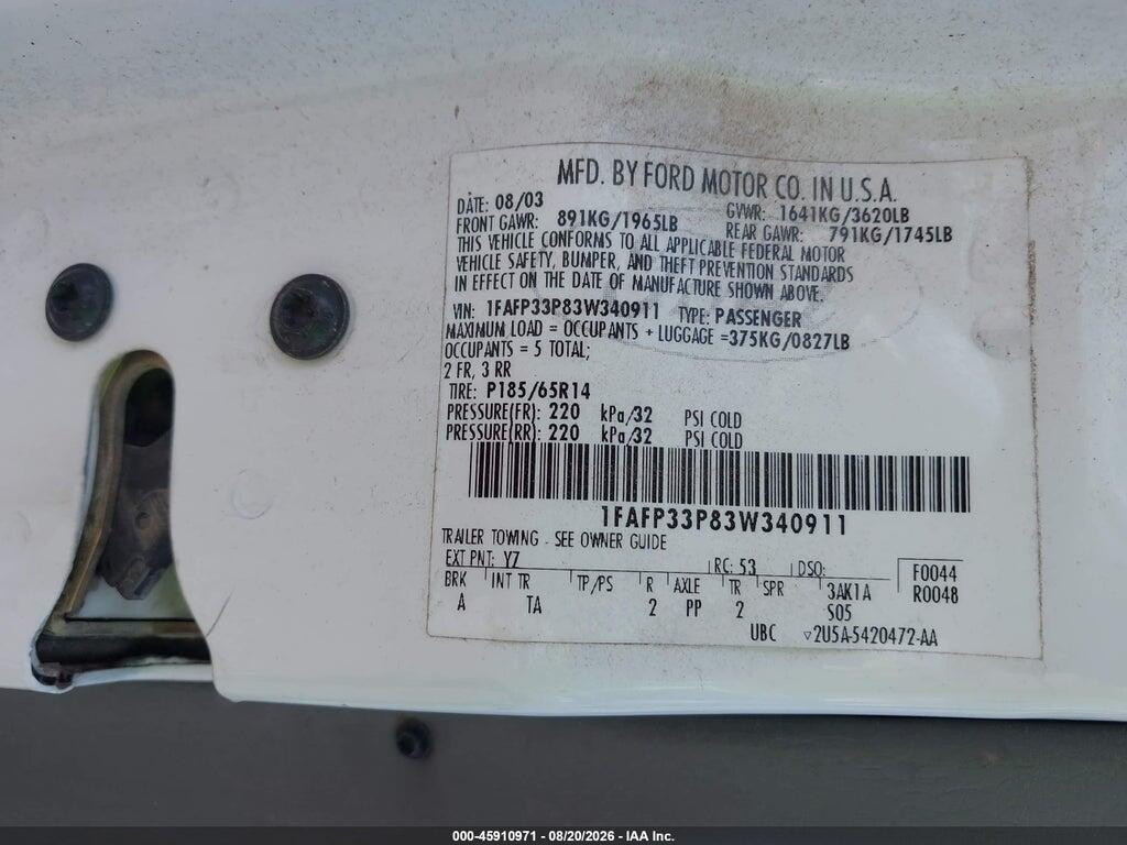 1FAFP33P83W340911 2003 FORD FOCUS photo no. 9