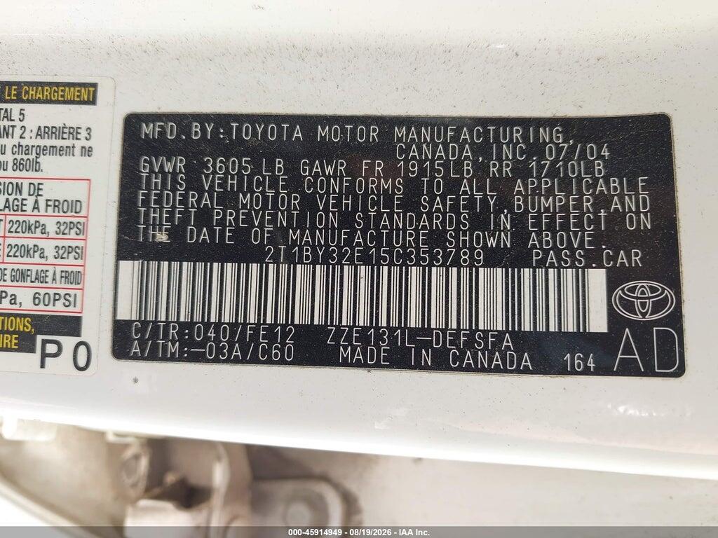 2T1BY32E15C353789 2005 TOYOTA COROLLA photo no. 9