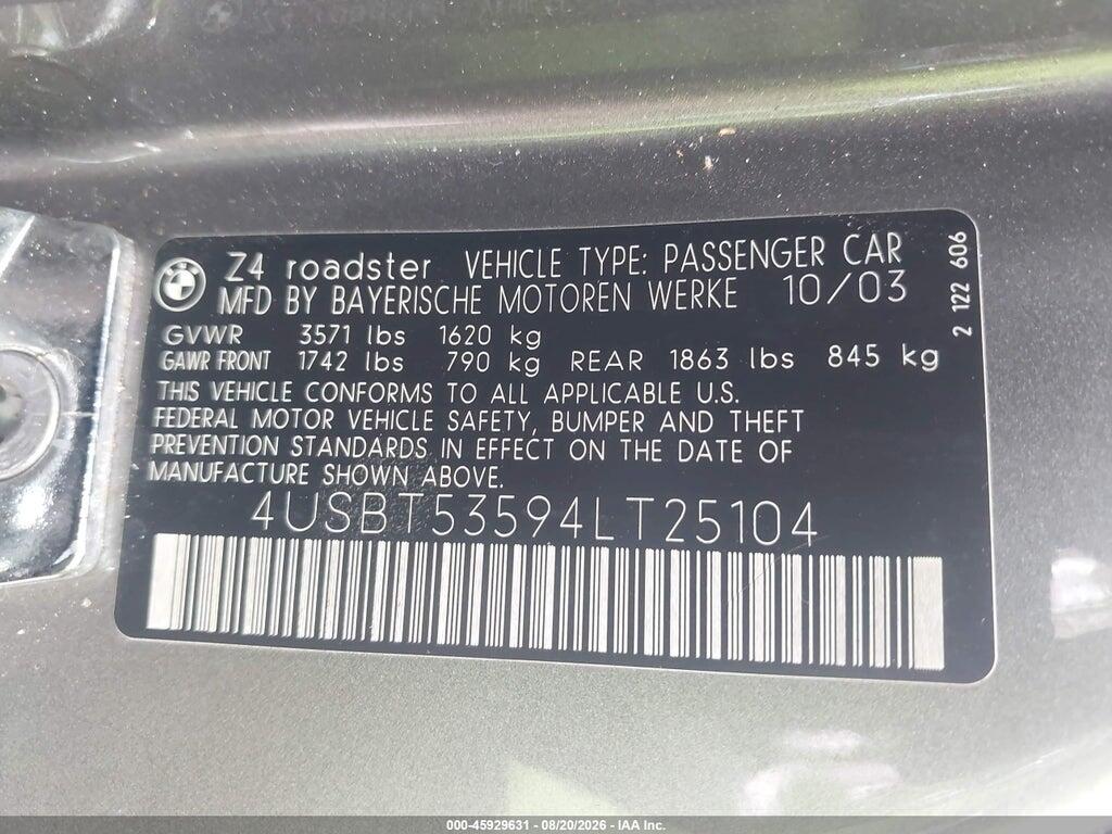 4USBT53594LT25104 2004 BMW Z4 photo no. 9