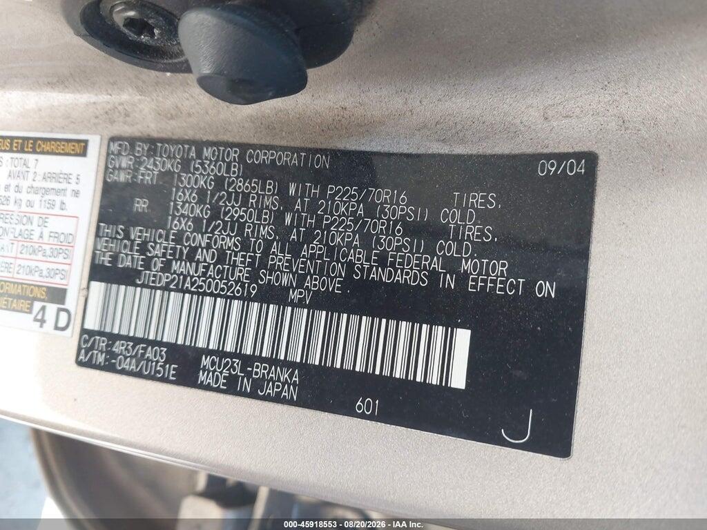 JTEDP21A250052619 2005 TOYOTA HIGHLANDER photo no. 9