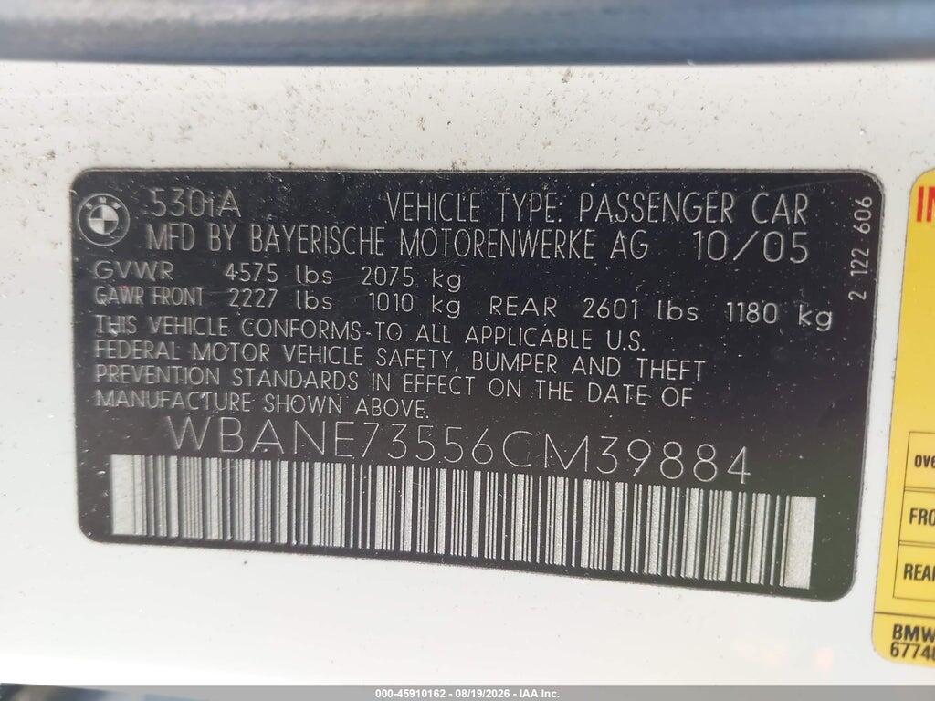 WBANE73556CM39884 2006 BMW 530I photo no. 9