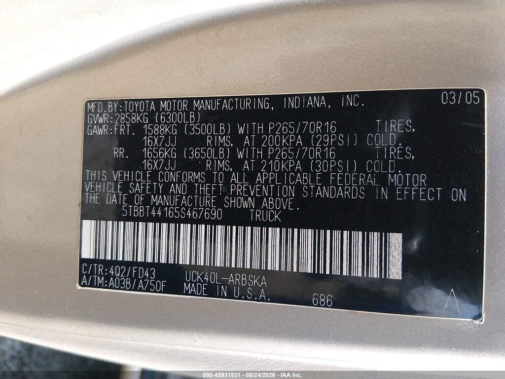 5TBBT44165S467690 2005 TOYOTA TUNDRA photo no. 9