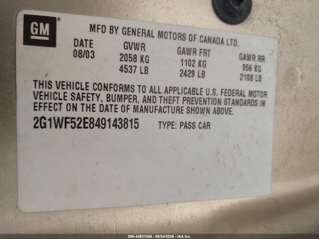 2G1WF52E849143815 2004 CHEVROLET IMPALA photo no. 9