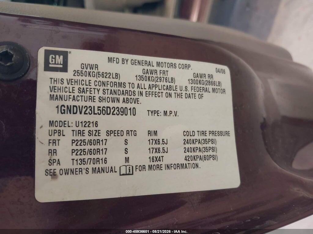 1GNDV23L56D239010 2006 CHEVROLET UPLANDER photo no. 9