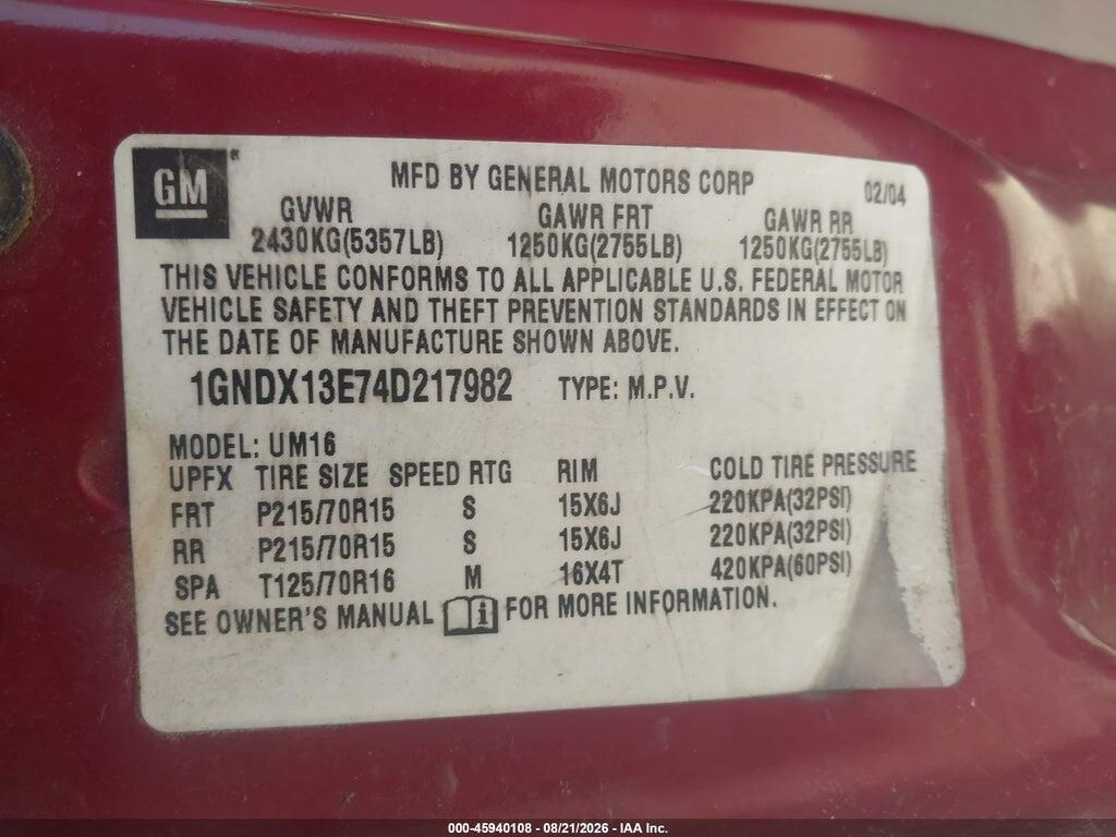 1GNDX13E74D217982 2004 CHEVROLET VENTURE photo no. 9