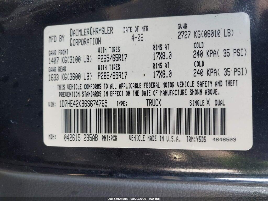 1D7HE42K86S674765 2006 DODGE DAKOTA photo no. 9