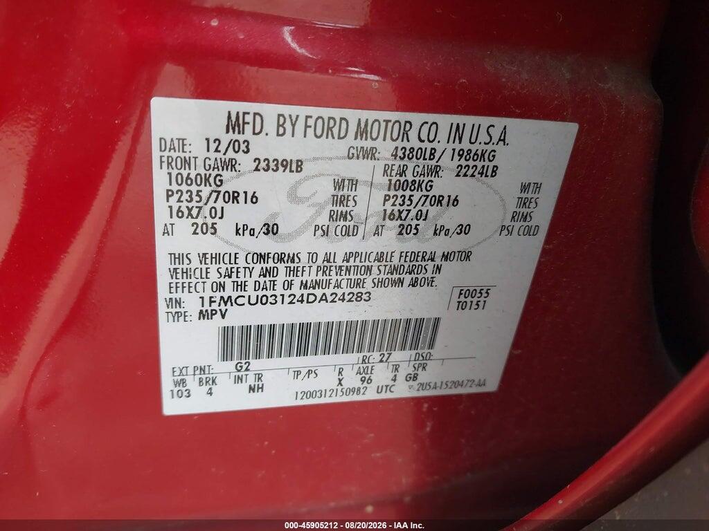 1FMCU03124DA24283 2004 FORD ESCAPE photo no. 9
