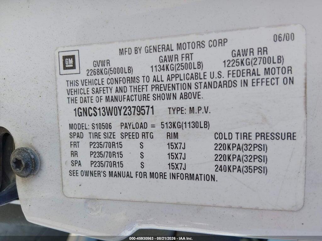 1GNCS13W0Y2379571 2000 CHEVROLET BLAZER photo no. 9