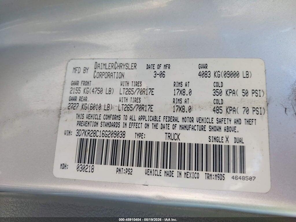 3D7KR28C16G209038 2006 DODGE RAM 2500 photo no. 9