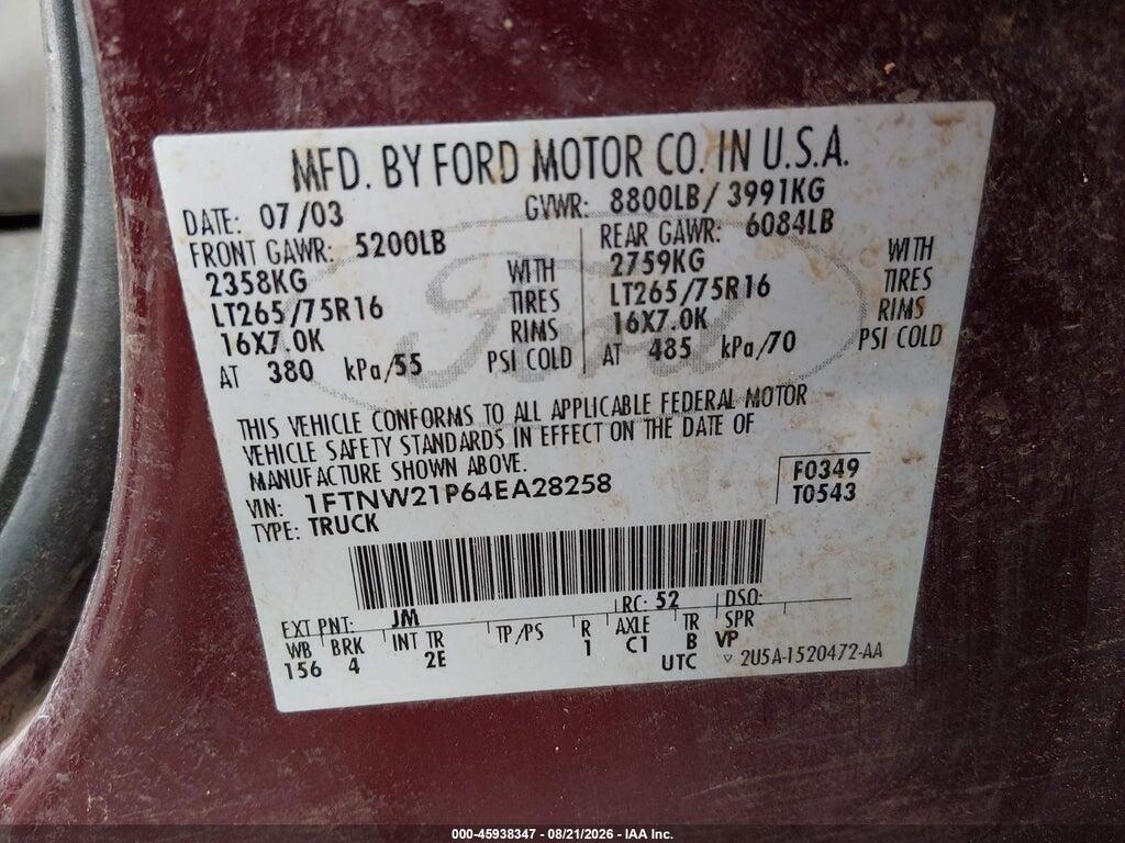1FTNW21P64EA28258 2004 FORD F-250 photo no. 9