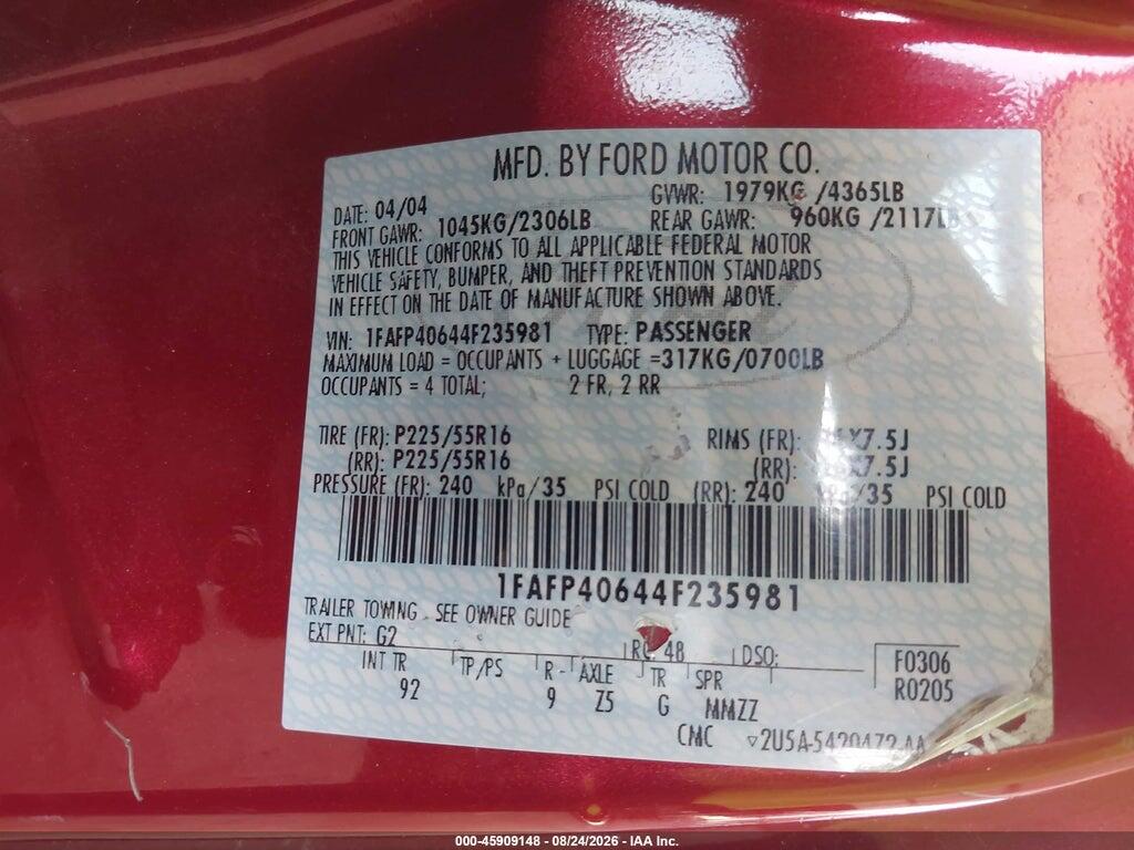 1FAFP40644F235981 2004 FORD MUSTANG photo no. 9