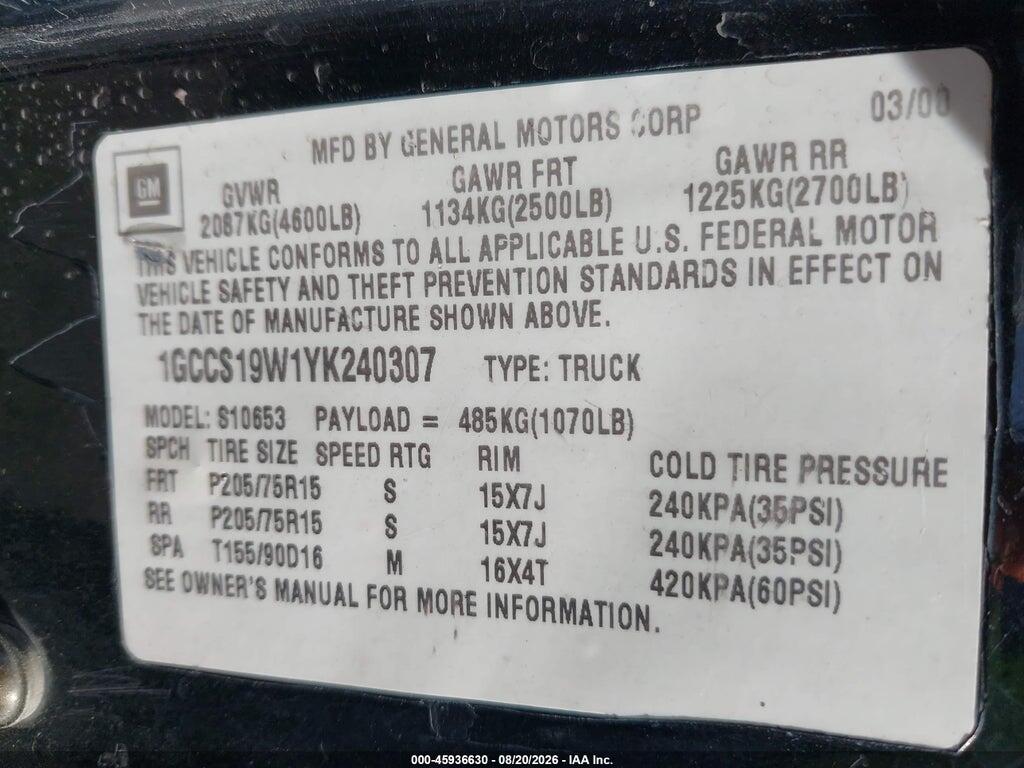 1GCCS19W1YK240307 2000 CHEVROLET S-10 photo no. 9