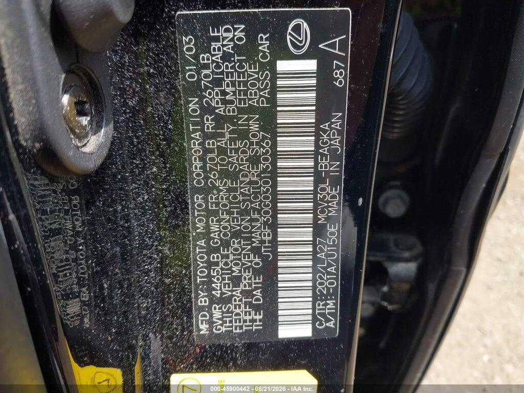 JTHBF30G030130367 2003 LEXUS ES photo no. 9