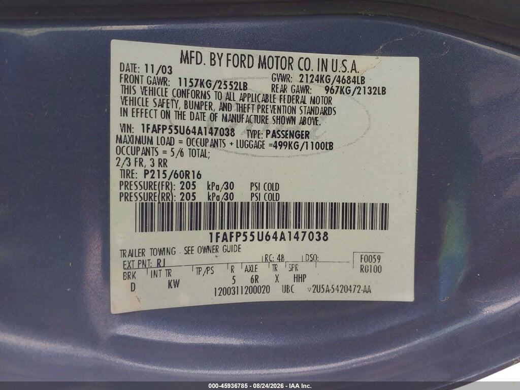 1FAFP55U64A147038 2004 FORD TAURUS photo no. 9