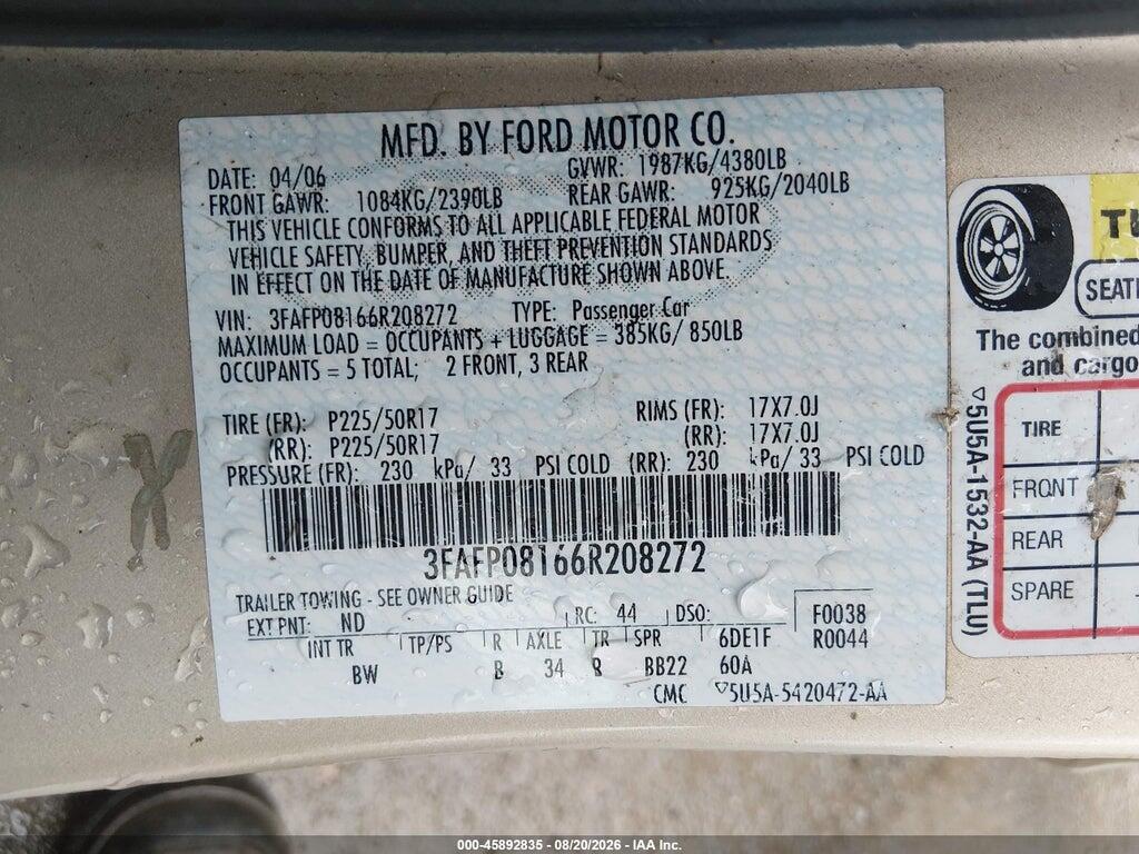 3FAFP08166R208272 2006 FORD FUSION photo no. 9