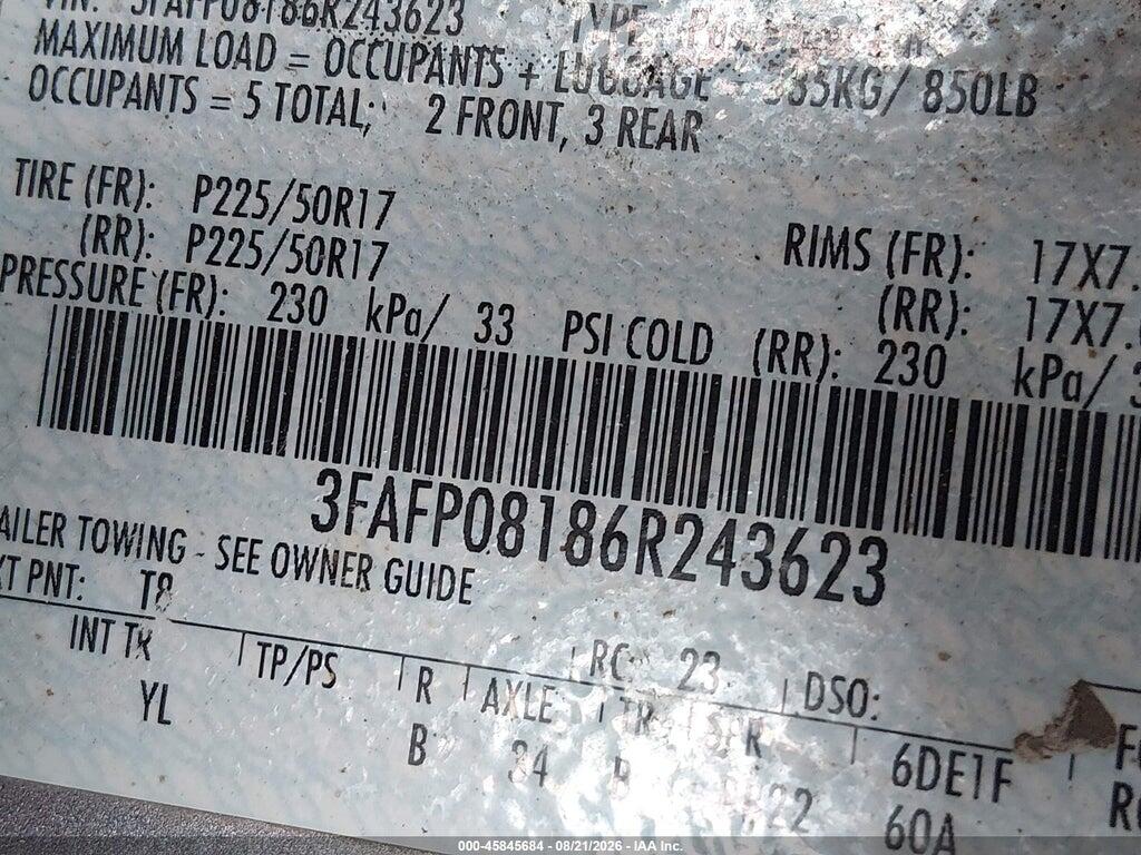 3FAFP08186R243623 2006 FORD FUSION photo no. 9