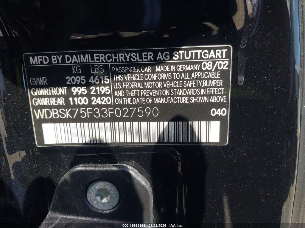 WDBSK75F33F027590 2003 MERCEDES-BENZ SL 500 photo no. 9