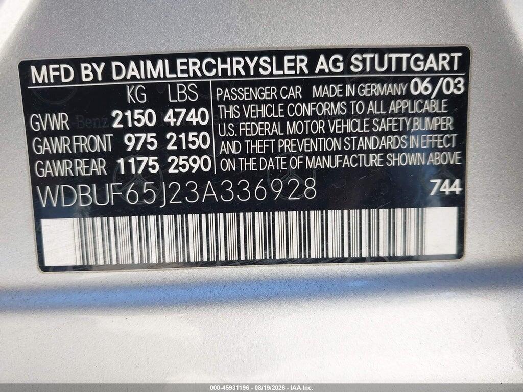 WDBUF65J23A336928 2003 MERCEDES-BENZ E 320 photo no. 9