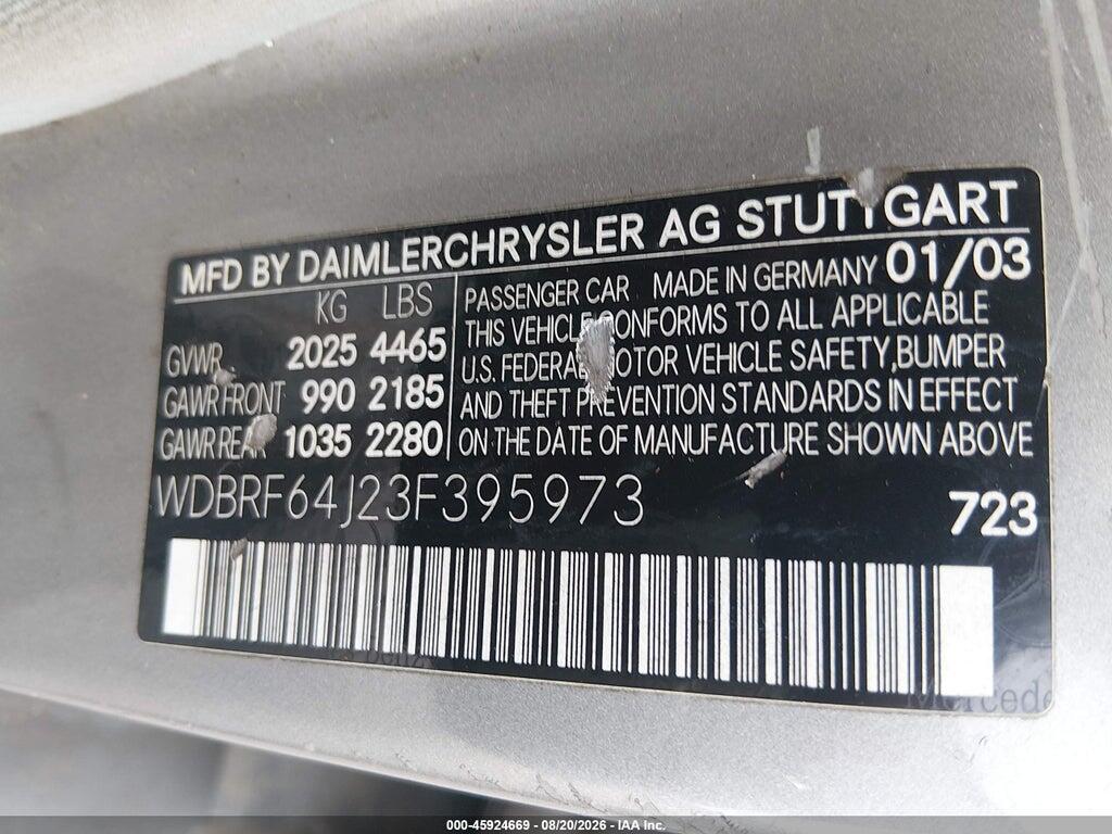 WDBRF64J23F395973 2003 MERCEDES-BENZ C 320 photo no. 9