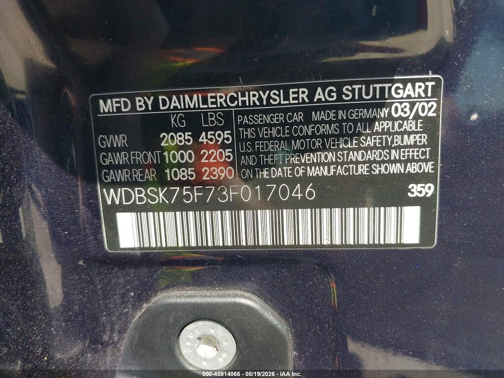 WDBSK75F73F017046 2003 MERCEDES-BENZ SL 500 photo no. 9