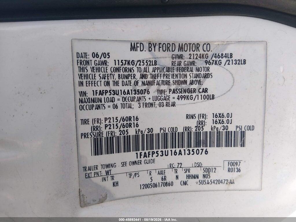 1FAFP53U16A135076 2006 FORD TAURUS photo no. 9