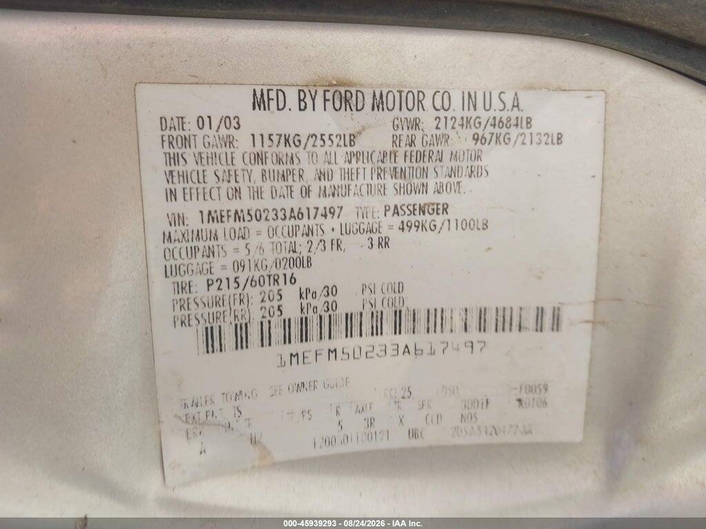 1MEFM50233A617497 2003 MERCURY SABLE photo no. 9