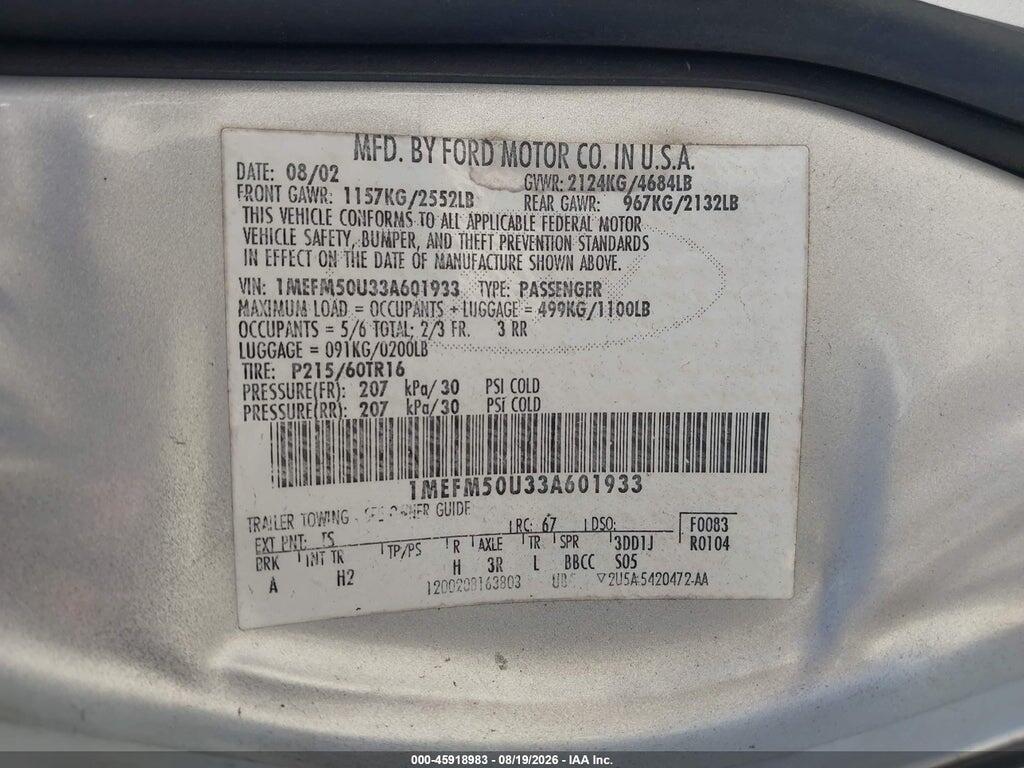1MEFM50U33A601933 2003 MERCURY SABLE photo no. 9