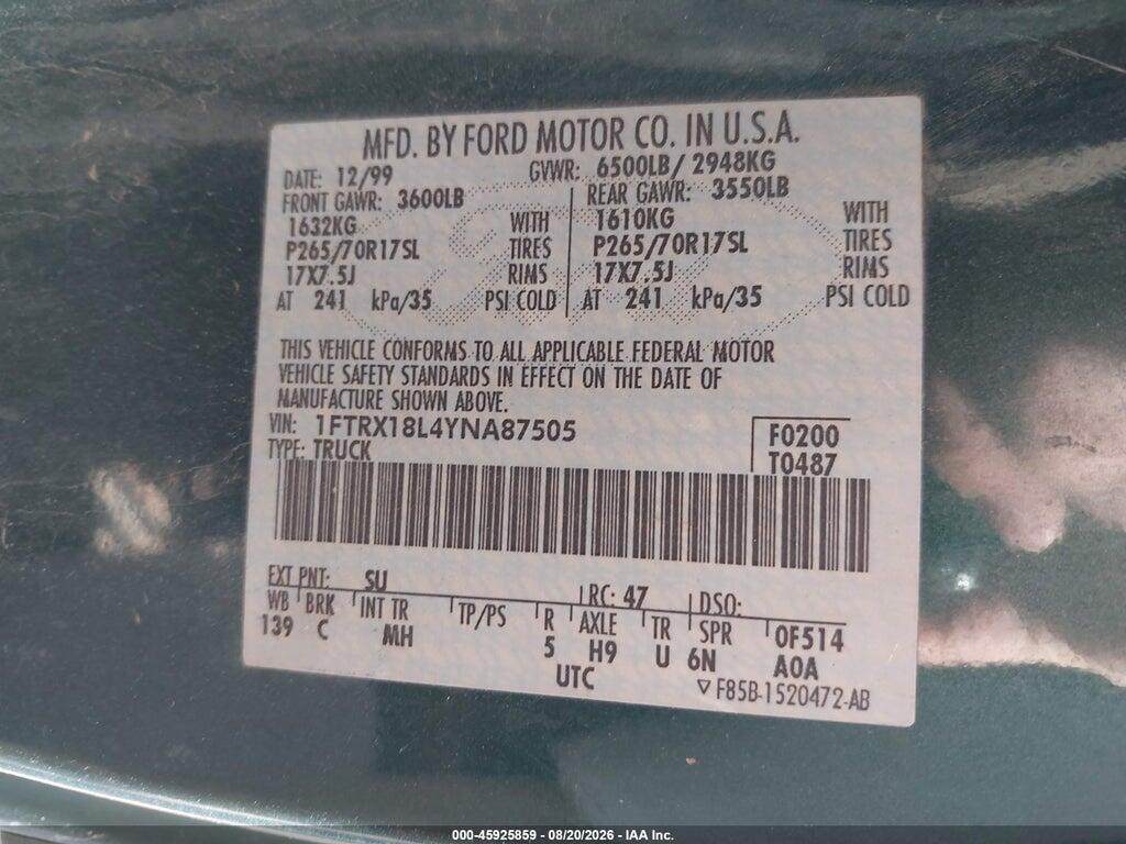 1FTRX18L4YNA87505 2000 FORD F-150 photo no. 9