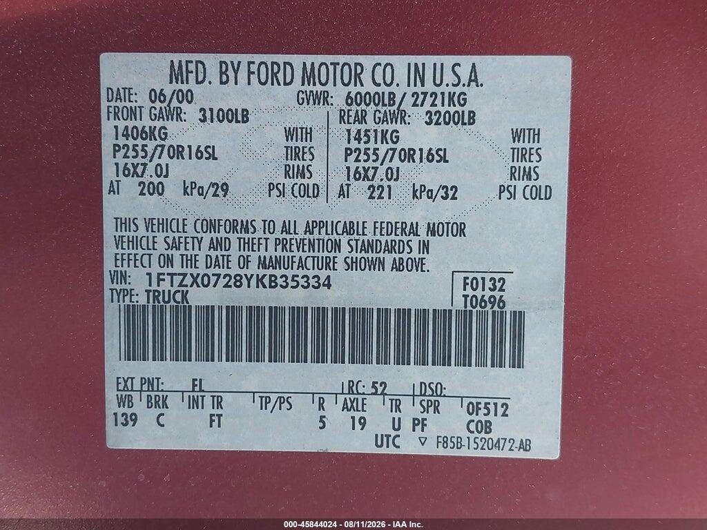 1FTZX0728YKB35334 2000 FORD F-150 photo no. 9