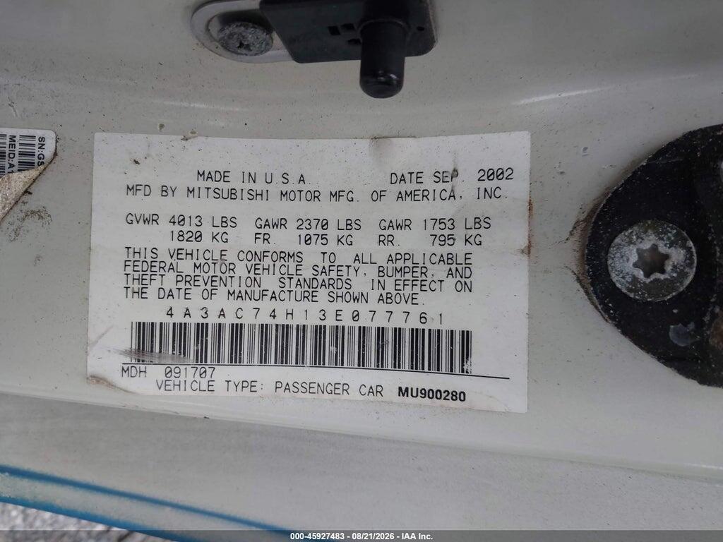 4A3AC74H13E077761 2003 MITSUBISHI ECLIPSE photo no. 9